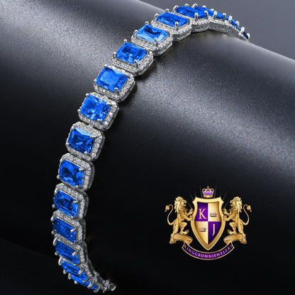 14K White Gold Finish Blue Sapphire  Simulated Diamonds Solitaire Mens Ladies Bracelet 10mm / 8.5 Inch