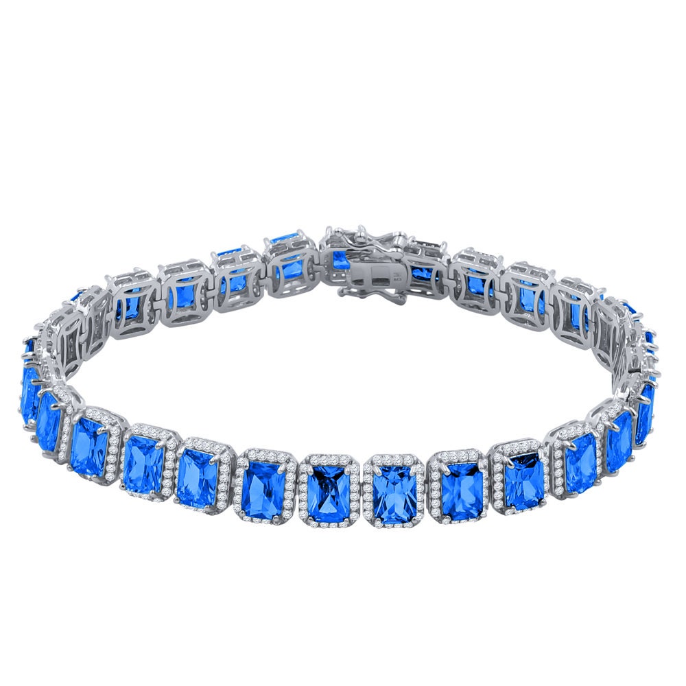 14K White Gold Finish Blue Sapphire  Simulated Diamonds Solitaire Mens Ladies Bracelet 10mm / 8.5 Inch