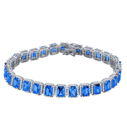 14K White Gold Finish Blue Sapphire  Simulated Diamonds Solitaire Mens Ladies Bracelet 10mm / 8.5 Inch