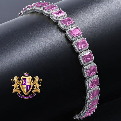 14K White Gold Finish Pink Tourmaline Simulated Diamonds Solitaire Mens Ladies Bracelet 10mm / 8.5 Inch