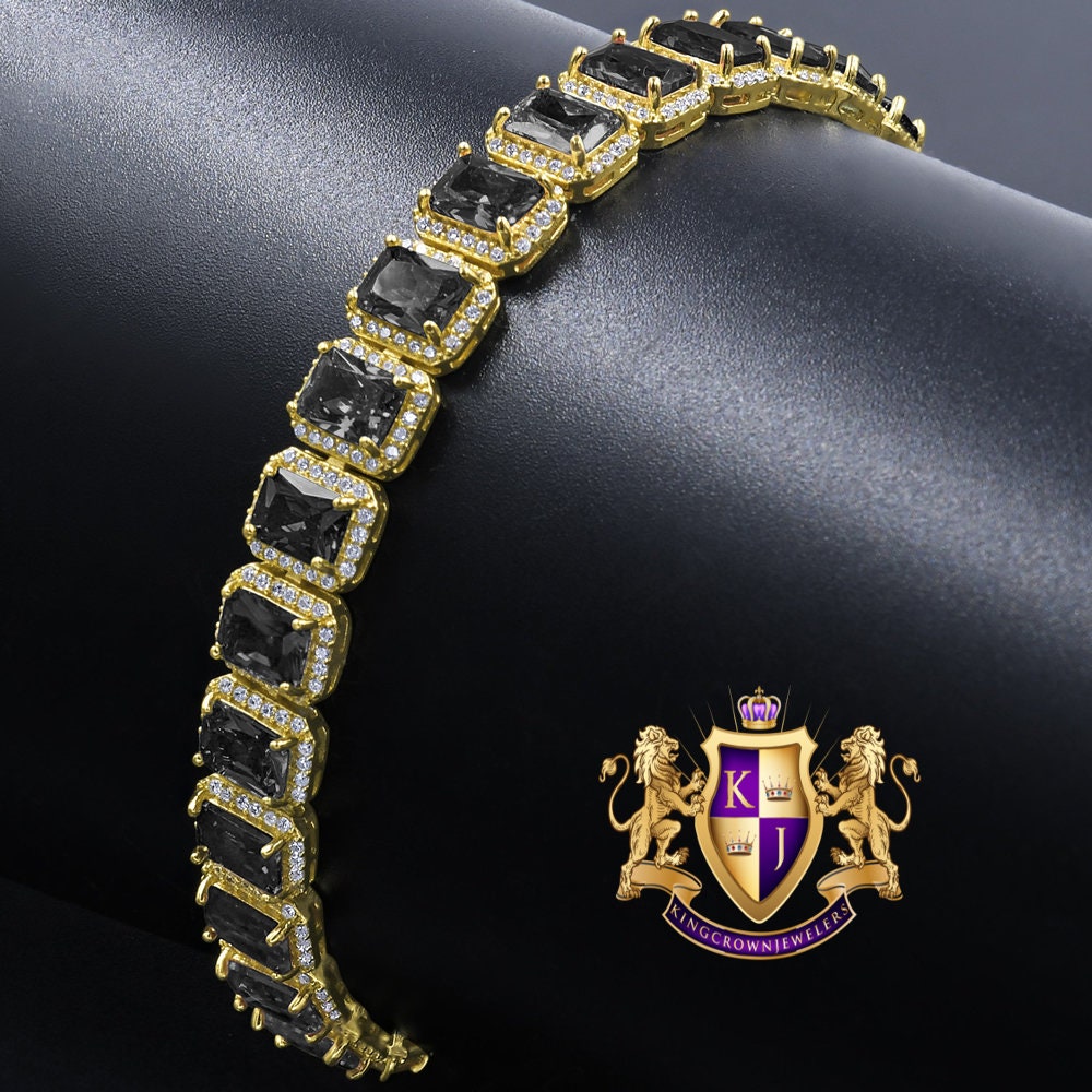 25+ Grams 14K Yellow Gold Finish Onyx Black 6.00 Cwt. Simulated Diamonds Solitaire Men's Ladies Unisex Tennis Link Bracelet 10mm / 8.5 Inch