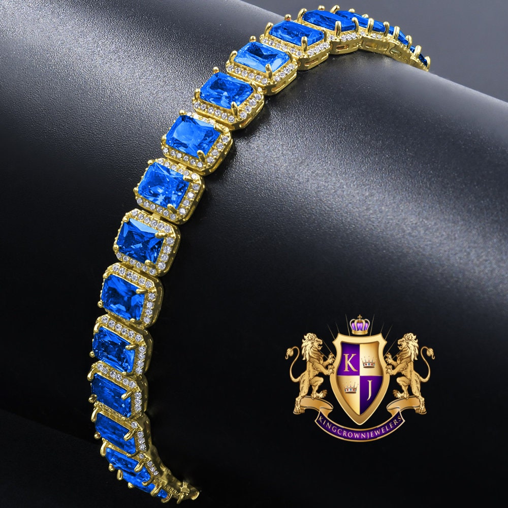 25+ Grams 14K Yellow Gold Over Blue Sapphire 6.00 Cwt. Simulated Diamonds Solitaire Men's Ladies Unisex Tennis Link Bracelet 10mm / 8.5 Inch