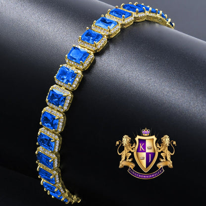 25+ Grams 14K Yellow Gold Over Blue Sapphire 6.00 Cwt. Simulated Diamonds Solitaire Men's Ladies Unisex Tennis Link Bracelet 10mm / 8.5 Inch