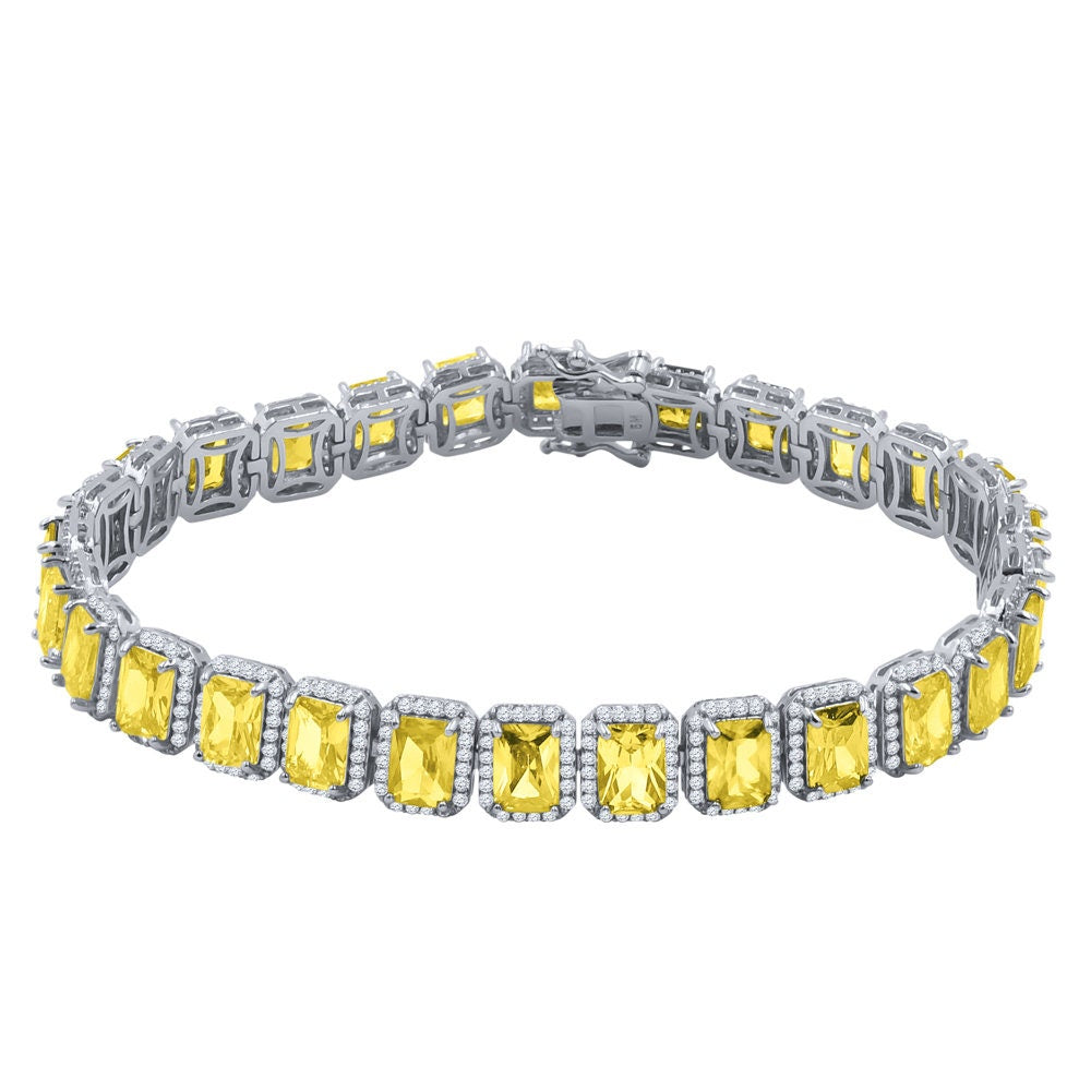 14K White Gold Finish Canary Citrine Simulated Diamonds Solitaire Mens Ladies Bracelet 10mm / 8.5 Inch