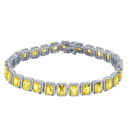 14K White Gold Finish Canary Citrine Simulated Diamonds Solitaire Mens Ladies Bracelet 10mm / 8.5 Inch