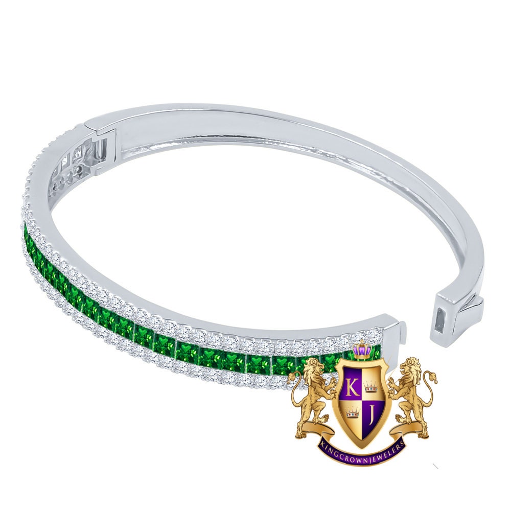 6.75CT Emerald Green Princess & Round Cut Diamond Real Genuine Sterling Silver Luxury Bangle Bracelet 14K White Gold Over