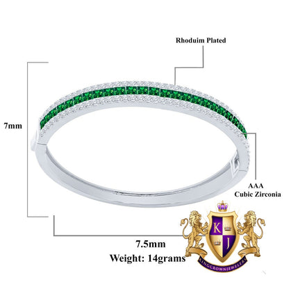 6.75CT Emerald Green Princess & Round Cut Diamond Real Genuine Sterling Silver Luxury Bangle Bracelet 14K White Gold Over