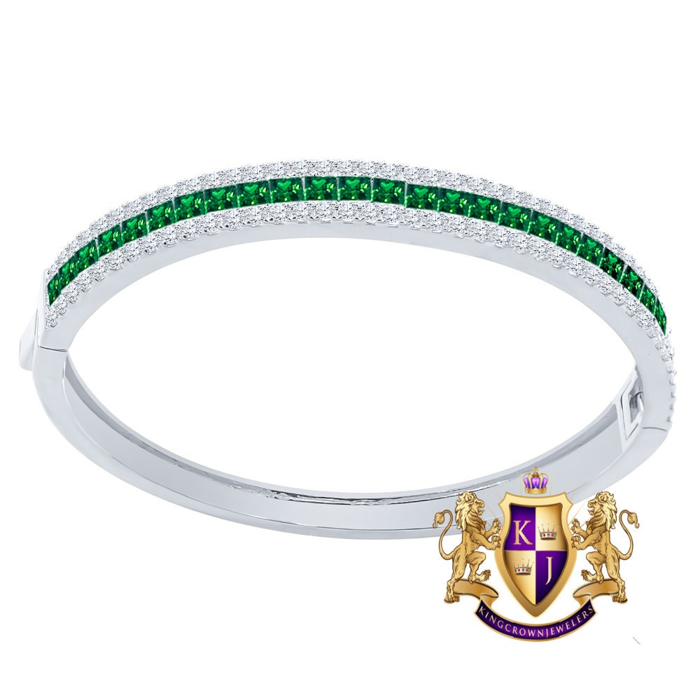 6.75CT Emerald Green Princess & Round Cut Diamond Real Genuine Sterling Silver Luxury Bangle Bracelet 14K White Gold Over