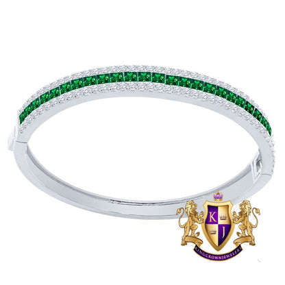 6.75CT Emerald Green Princess & Round Cut Diamond Real Genuine Sterling Silver Luxury Bangle Bracelet 14K White Gold Over