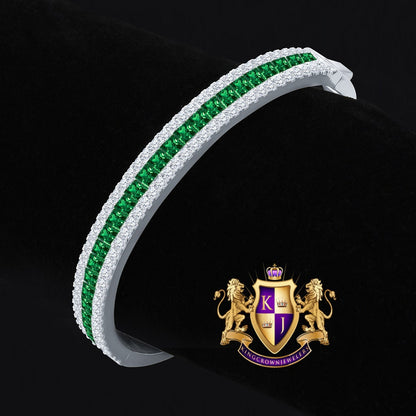 6.75CT Emerald Green Princess & Round Cut Diamond Real Genuine Sterling Silver Luxury Bangle Bracelet 14K White Gold Over