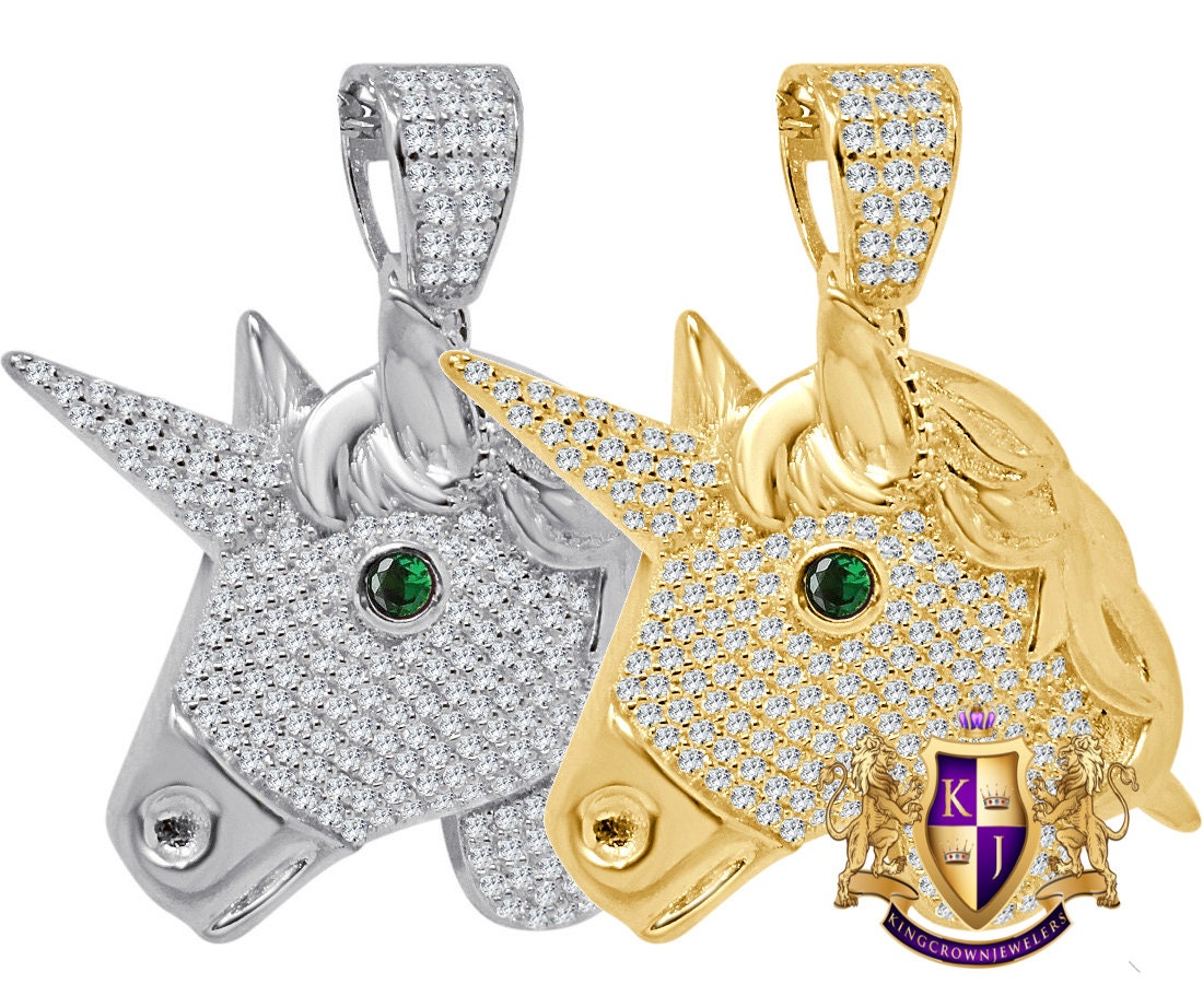 14K Gold Finish Simulated Diamond Emerald Green Eye Blessed Unicorn Lucky Pendant Charm