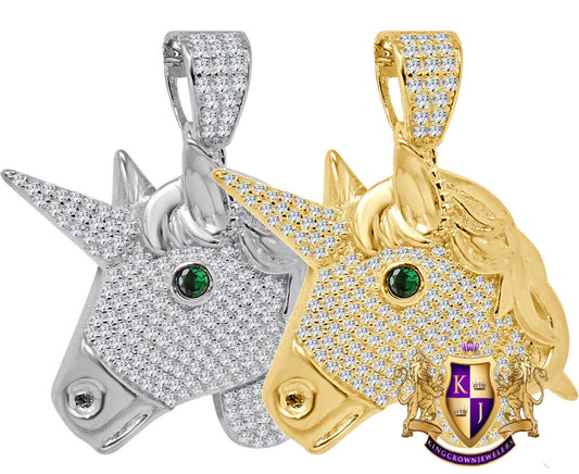 14K Gold Finish Simulated Diamond Emerald Green Eye Blessed Unicorn Lucky Pendant Charm