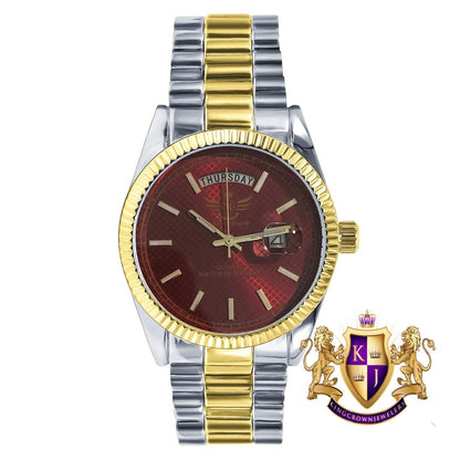 Mens 2 Tone Gold Red Ruby Dial Face Metal Band Day/Date Presidential Watch 45mm
