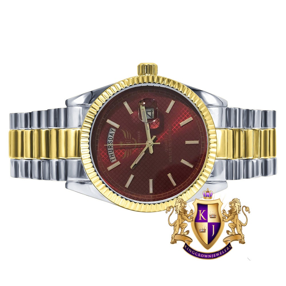 Mens 2 Tone Gold Red Ruby Dial Face Metal Band Day/Date Presidential Watch 45mm