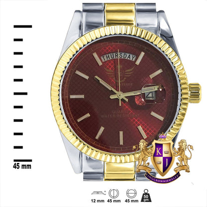 Mens 2 Tone Gold Red Ruby Dial Face Metal Band Day/Date Presidential Watch 45mm