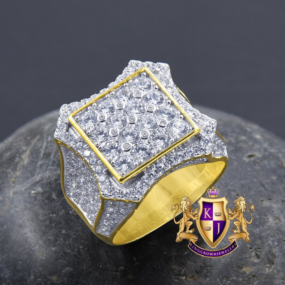 Big Bold Men's 14K Gold Over Real Genuine Sterling Silver Simulated Diamond Wedding Engagement Ring Band