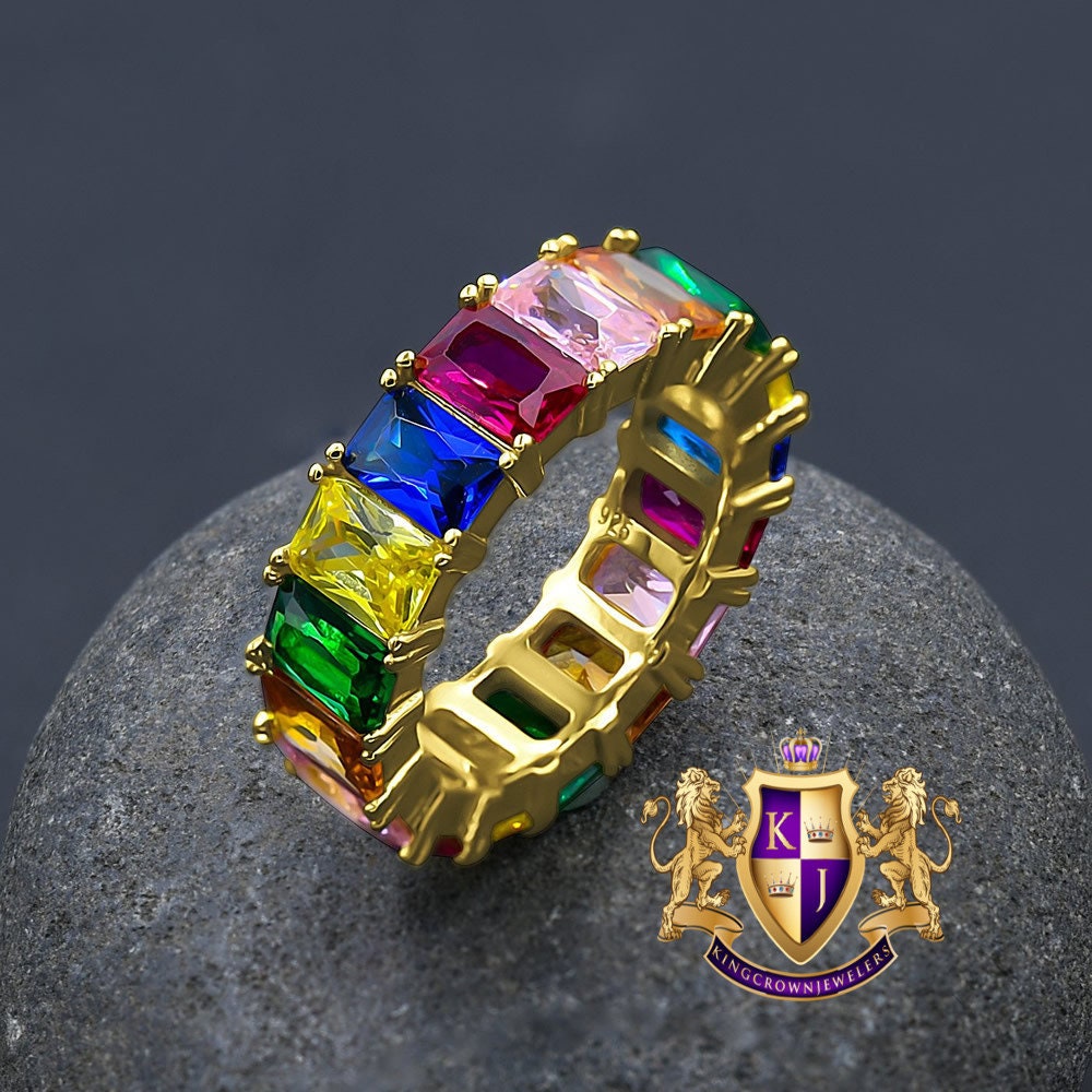 Princess Cut Rainbow Multi Tone Real Sterling Silver 14K Yellow Gold Finish Simulated Diamond Men's Band Ring