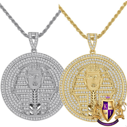14K Gold Finish Simulated Diamond Egyptian King Pharaoh Round Charm Pendent Chain Set 1.75''