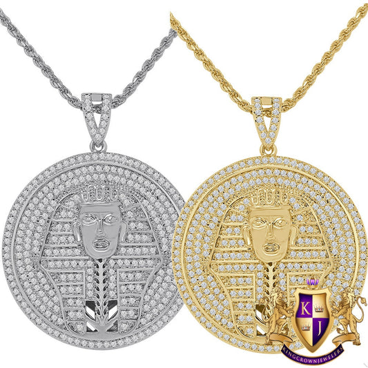 14K Gold Finish Simulated Diamond Egyptian King Pharaoh Round Charm Pendent Chain Set 1.75''