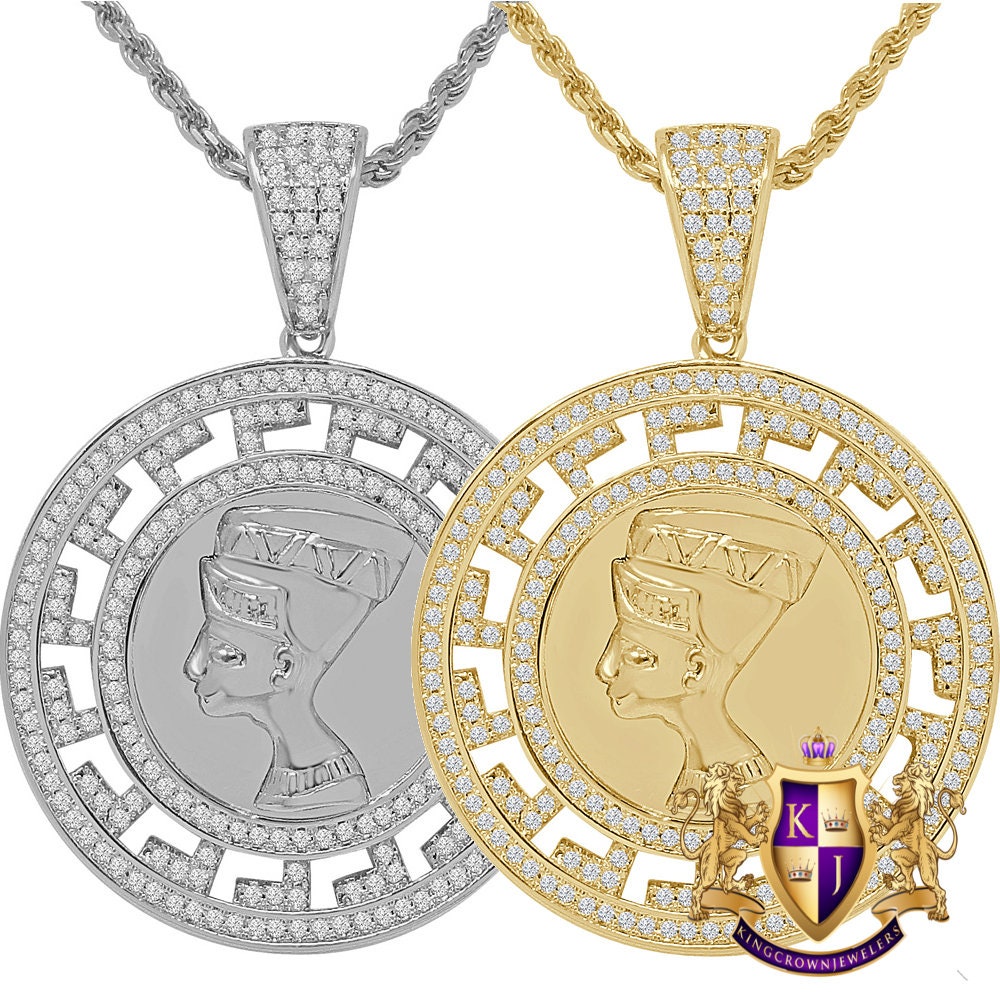 14K Gold Finish Simulated Diamond Egyptian Queen Nefertiti Pharaoh Round Charm Pendent Chain Set 1.75''