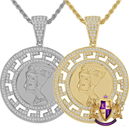 14K Gold Finish Simulated Diamond Egyptian Queen Nefertiti Pharaoh Round Charm Pendent Chain Set 1.75''