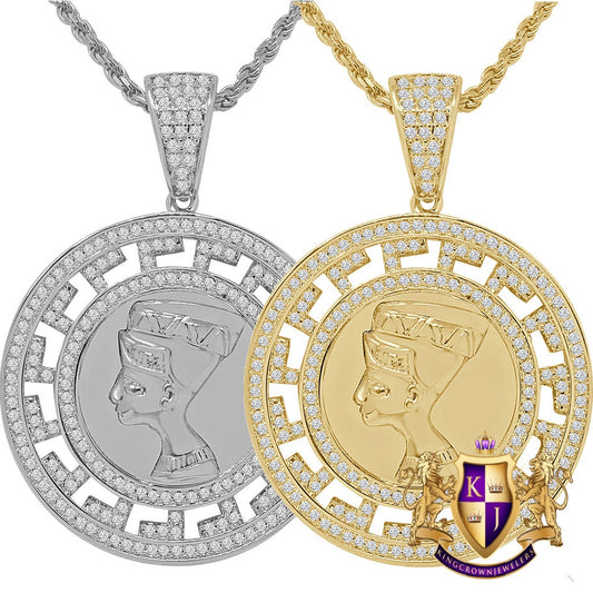 14K Gold Finish Simulated Diamond Egyptian Queen Nefertiti Pharaoh Round Charm Pendent Chain Set 1.75''