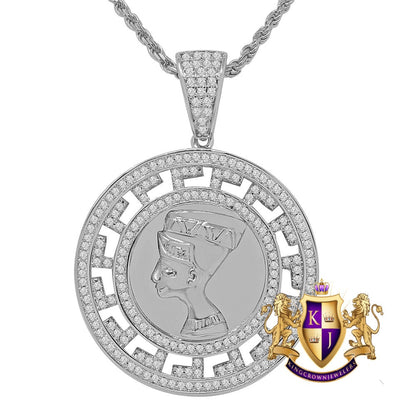 14K Gold Finish Simulated Diamond Egyptian Queen Nefertiti Pharaoh Round Charm Pendent Chain Set 1.75''