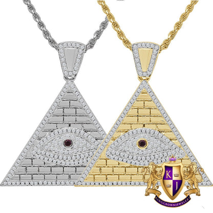14K Gold Finish Simulated Diamond Egyptian All Seen Eye Pyramid Round Charm Pendent Chain Set 1.50''