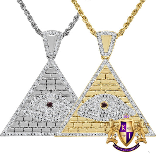 14K Gold Finish Simulated Diamond Egyptian All Seen Eye Pyramid Round Charm Pendent Chain Set 1.50''