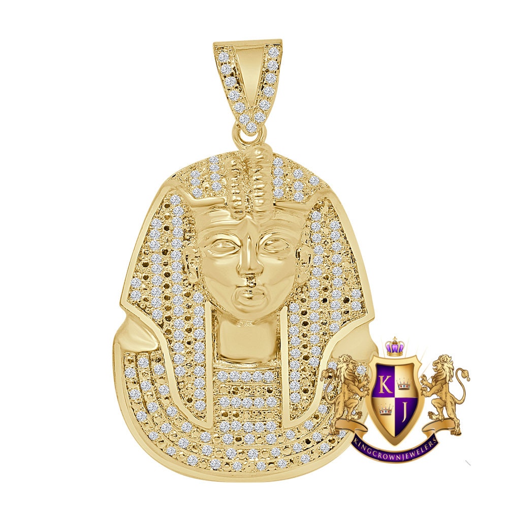 14K Gold Finish Simulated Diamond Egyptian King Pharaoh Charm Pendent 2.25''