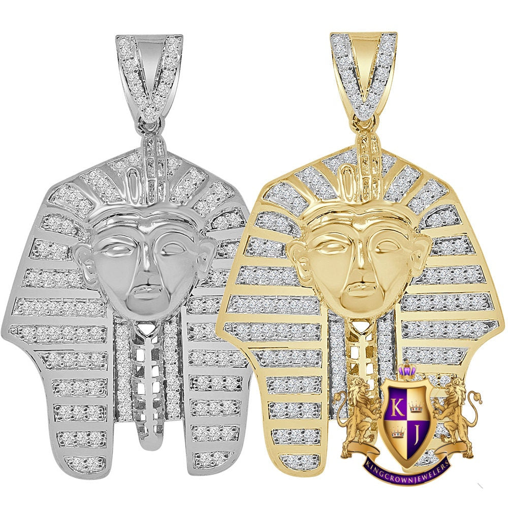 14K Gold Finish Simulated Diamond Egyptian King Pharaoh Charm Pendent 2.30''''