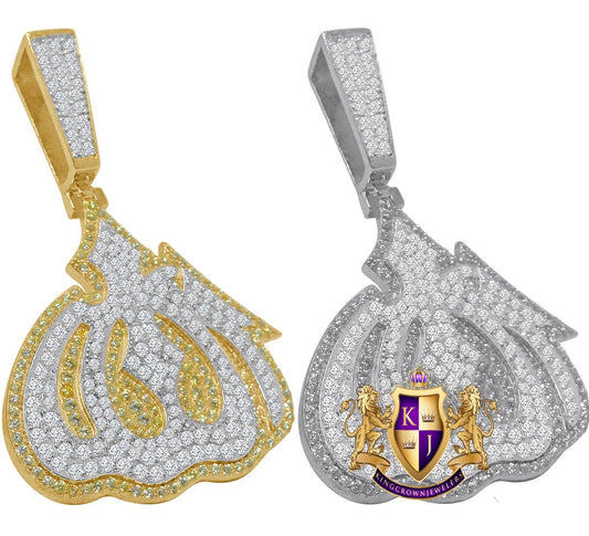 16+ Grams Real Genuine Italian Sterling Silver 14K Gold Over 1.50 Cwt. Simulated Diamond Allah God Muslim Islamic Arabic Pendant Charm 2.5''