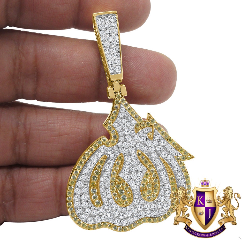16+ Grams Real Genuine Italian Sterling Silver 14K Gold Over 1.50 Cwt. Simulated Diamond Allah God Muslim Islamic Arabic Pendant Charm 2.5''