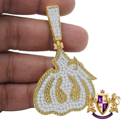 16+ Grams Real Genuine Italian Sterling Silver 14K Gold Over 1.50 Cwt. Simulated Diamond Allah God Muslim Islamic Arabic Pendant Charm 2.5''