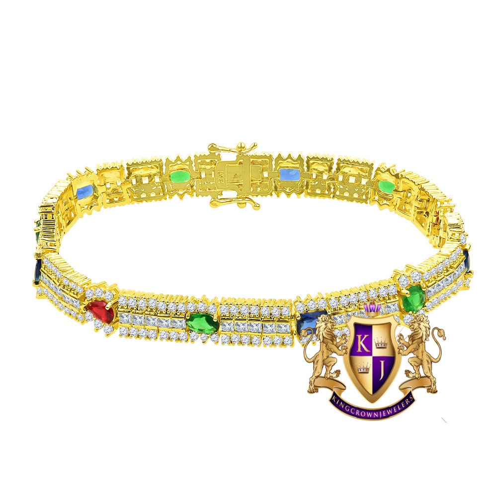 14k Yellow Gold Over Real Sterling Silver 10 Cwt. Rainbow Multi Round /Princess Cut Diamond Unisex Tennis Bracelet
