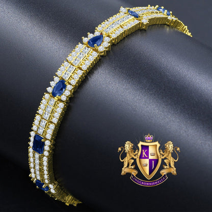 14k Yellow Gold Over Real Sterling Silver 10 Cwt. Sapphire Blue Round /Princess Cut Diamond Unisex Tennis Link Bracelet
