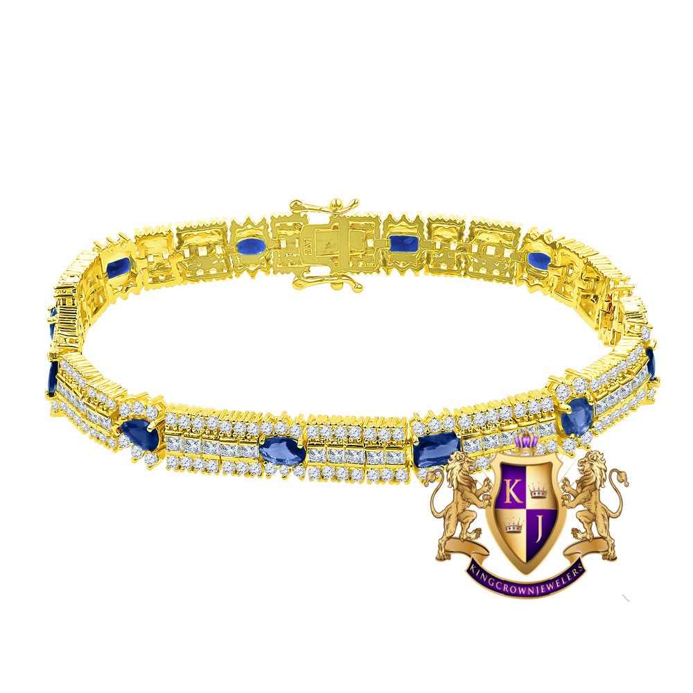 14k Yellow Gold Over Real Sterling Silver 10 Cwt. Sapphire Blue Round /Princess Cut Diamond Unisex Tennis Link Bracelet
