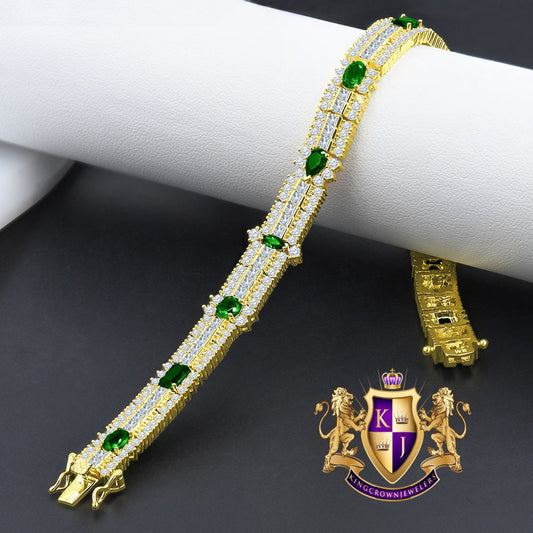 14k Yellow Gold Over Real Sterling Silver 10 Cwt. Emerald Green Round /Princess Cut Diamond Unisex Tennis Link Bracelet