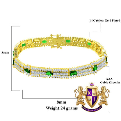 14k Yellow Gold Over Real Sterling Silver 10 Cwt. Emerald Green Round /Princess Cut Diamond Unisex Tennis Link Bracelet
