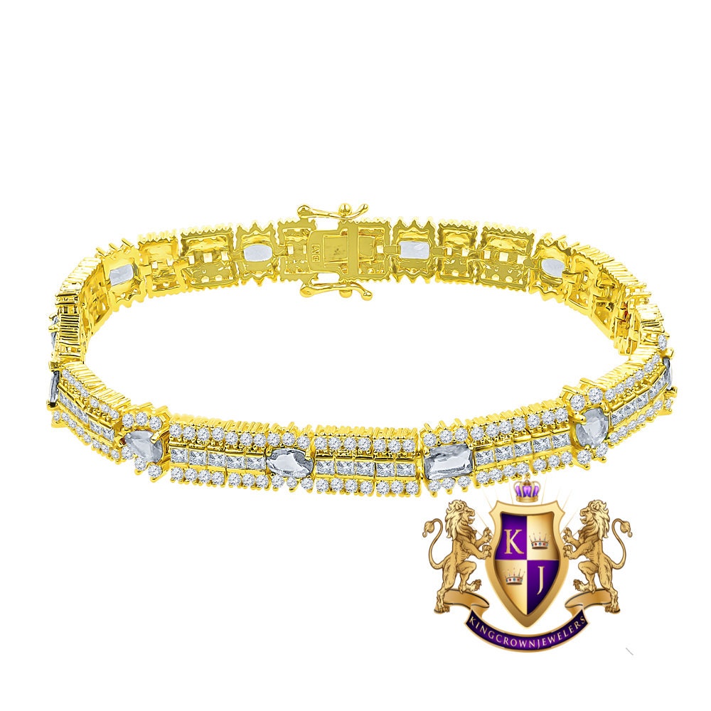 14k Yellow Gold Over Real Sterling Silver 10 Cwt. Round /Princess Cut Diamond Unisex Tennis Link Bracelet