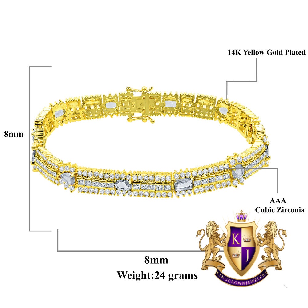 14k Yellow Gold Over Real Sterling Silver 10 Cwt. Round /Princess Cut Diamond Unisex Tennis Link Bracelet