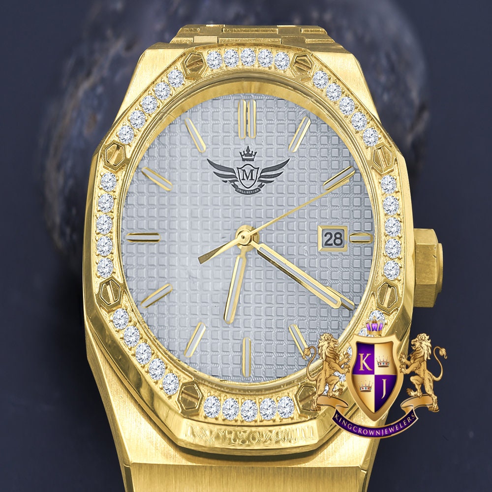 Men's Solid Stainless Steel 18K Gold Finish Simulated Diamond Automatic Watch 44mm W/Date