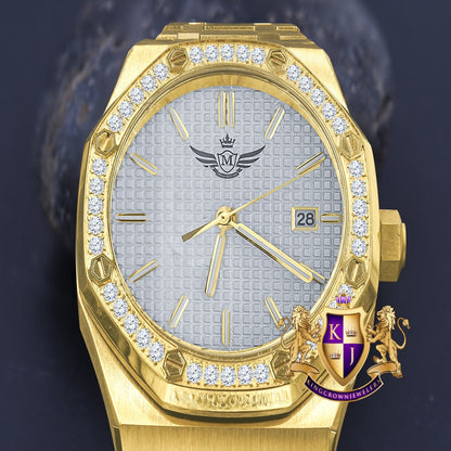 Men's Solid Stainless Steel 18K Gold Finish Simulated Diamond Automatic Watch 44mm W/Date
