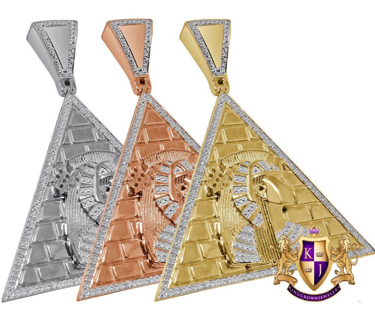 Real Genuine Diamond Egyptian Queen Nefertiti Pharaoh Pyramid Pendent Charm 10K Gold Finish Big 2.65''