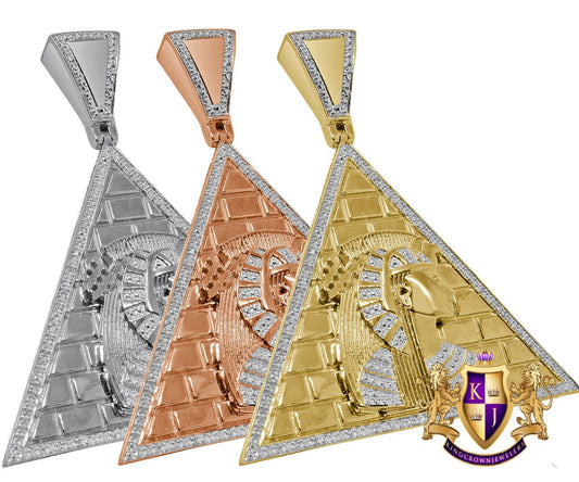 Real Genuine Diamond Egyptian Queen Nefertiti Pharaoh Pyramid Pendent Charm 10K Gold Finish Big 2.65''