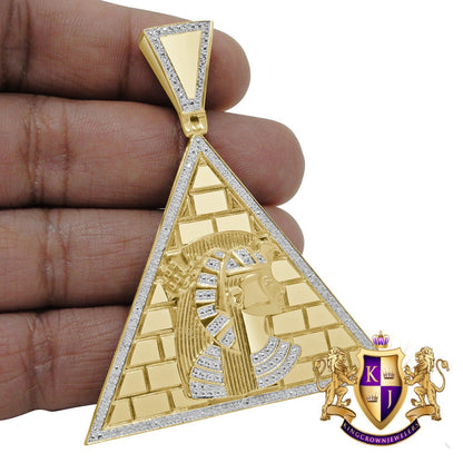 Real Genuine Diamond Egyptian Queen Nefertiti Pharaoh Pyramid Pendent Charm 10K Gold Finish Big 2.65''