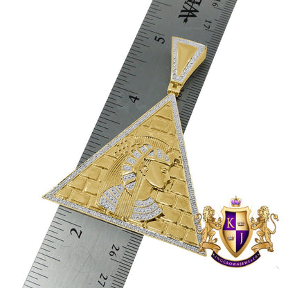 Real Genuine Diamond Egyptian Queen Nefertiti Pharaoh Pyramid Pendent Charm 10K Gold Finish Big 2.65''