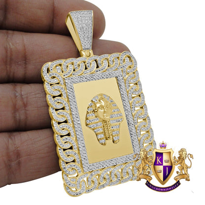 Real Genuine Diamond Egyptian King Tut  Pharaoh Pyramid Pendent Charm 10K Gold Finish 2.50''