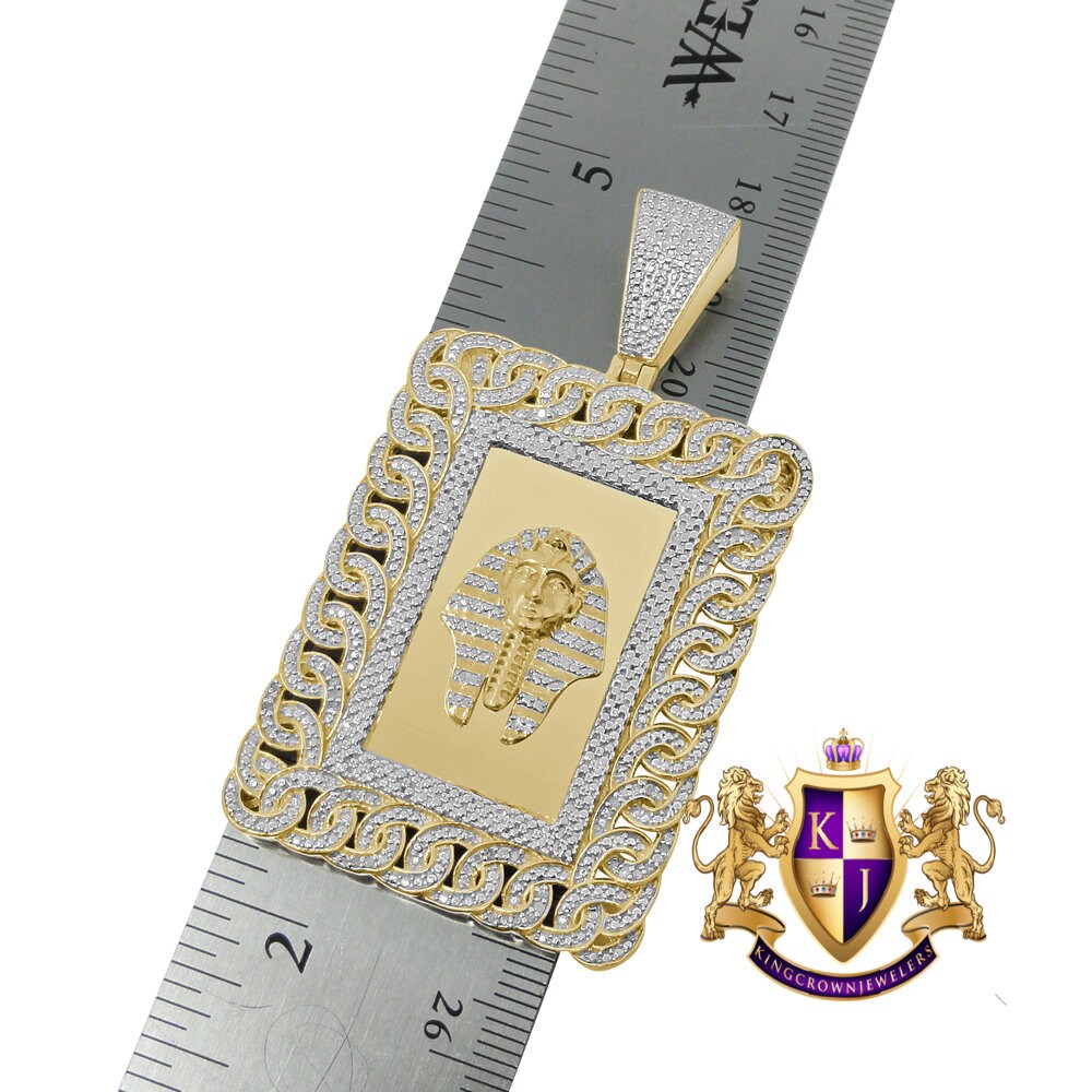 Real Genuine Diamond Egyptian King Tut  Pharaoh Pyramid Pendent Charm 10K Gold Finish 2.50''