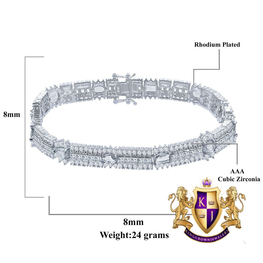 14k White Gold Over Real Sterling Silver 10 Cwt. Round /Princess Cut Diamond Unisex Tennis Link Bracelet